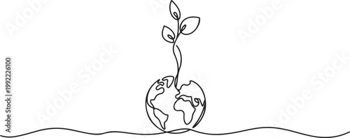 Single continuous one line art growing sprout. Plant leaves grow planet Earth seedling eco natural concept.one line drawing vector illustration