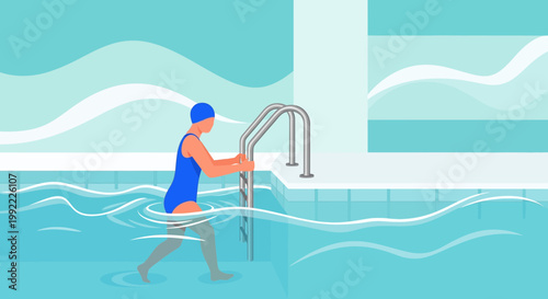 Woman in blue swimsuit walking in pool towards ladder, water exercise