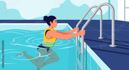 Woman in life vest swimming towards pool ladder for rehabilitation or safety