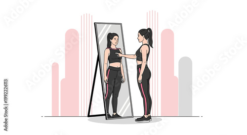 Woman in Sportswear Checks Her Reflection in a Full-Length Mirror