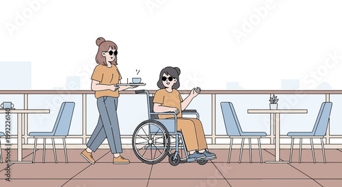 Woman in wheelchair assisted by caregiver serving coffee on a sunny terrace