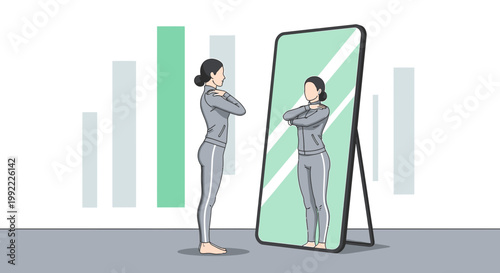 Woman in sportswear looking in mirror, confidence, self-care, fitness, body positivity