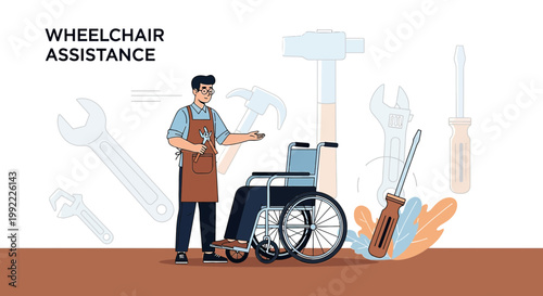 Wheelchair Assistance: Mechanic Helps Person with Mobility Aid, Tools Background