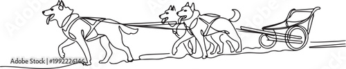 Sled dogs pulling cart, dog team, mushing, adventure, teamwork, winter transportation, northern culture, athletic dogs.one line drawing vector illustration