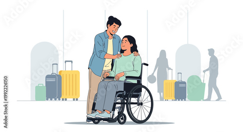 Woman in Wheelchair Assisted by Companion at Airport with Luggage