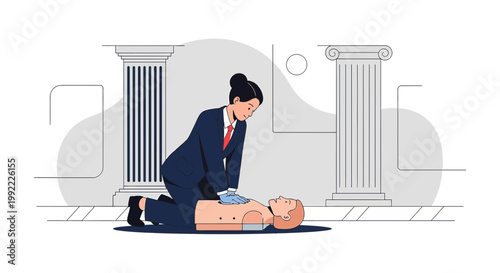 Woman in suit performs CPR on man, emergency medical training, life saving