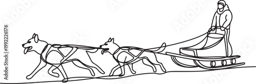 Sled dogs pulling cart, dog team, mushing, adventure, teamwork, winter transportation, northern culture, athletic dogs.one line drawing vector illustration