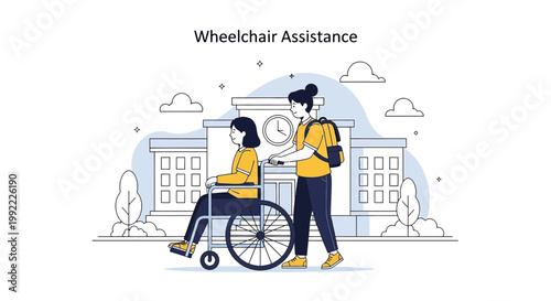 Wheelchair Assistance: Person Helping Elderly Woman Outside Building