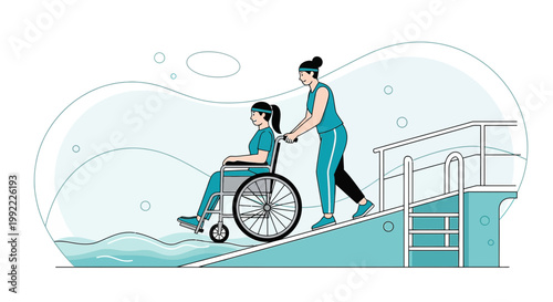 Woman in wheelchair entering water with help from attendant on ramp, rehabilitation concept