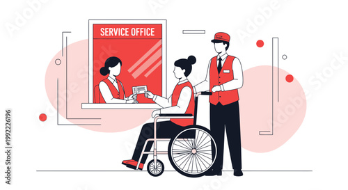 Woman in Wheelchair Receiving Service at Counter with Assistant