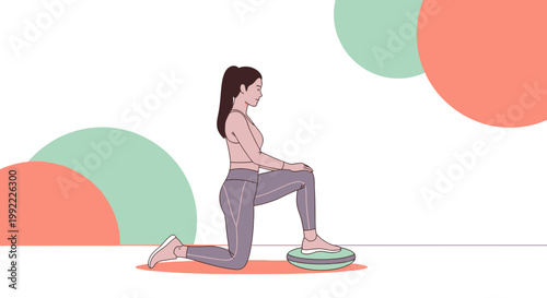 Woman Performing Balance Exercise on Wobble Cushion for Physical Therapy and Fitness
