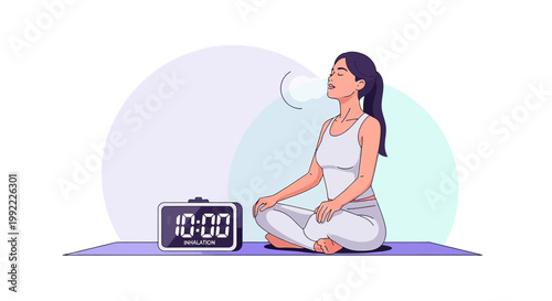 Woman Meditating with Timer, Practicing Mindfulness and Deep Breathing for Relaxation