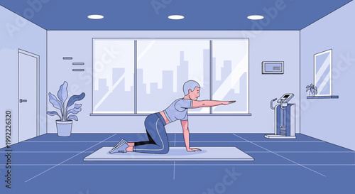Woman Performing Bird-Dog Exercise in a Bright, Modern Gym with City View
