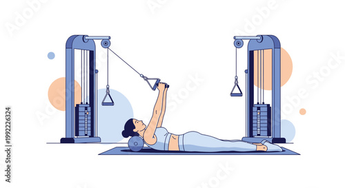 Woman performing cable crossover exercise lying down in a gym