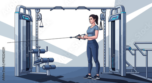 Woman performing cable crossover exercise on a modern gym machine, fitness and strength training