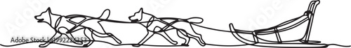 Sled dogs pulling cart, dog team, mushing, adventure, teamwork, winter transportation, northern culture, athletic dogs.one line drawing vector illustration