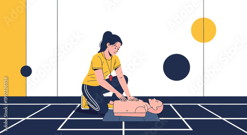 Woman performing CPR on a baby dummy, medical training and emergency preparedness