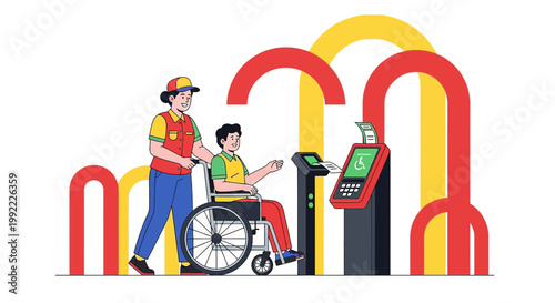 Wheelchair User Assisted at Accessible Ticket Machine by Caregiver