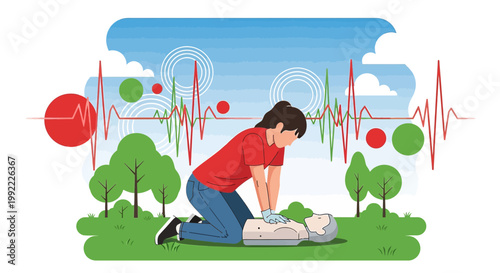 Woman performing CPR on a dummy with heart rhythm graphic in background