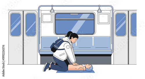Woman performing CPR on a dummy inside a subway train