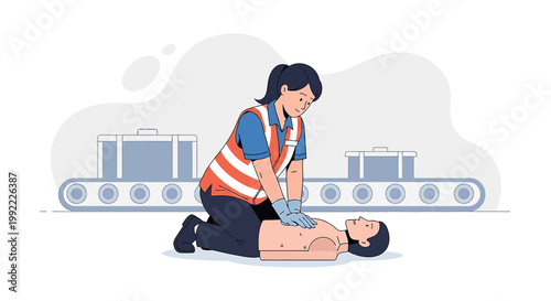 Woman performing CPR on a dummy, with luggage conveyor belt in background