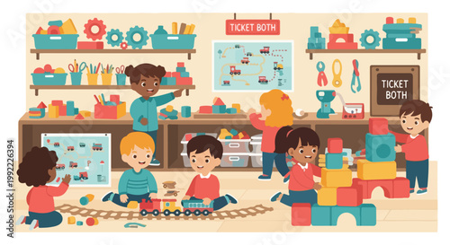 Diverse children play together in a bright, organized classroom filled with various toys, building blocks, and a toy train set on the floor.