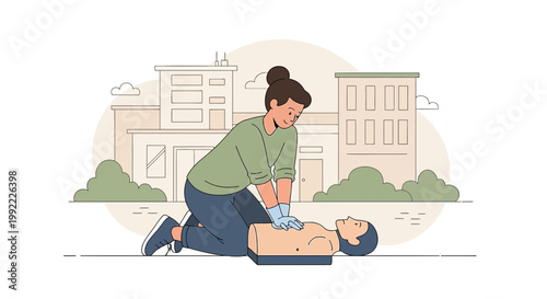 Woman performing CPR on a dummy, urban background, emergency medical training concept