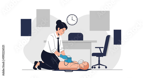 Woman performing CPR on man in office with AED, emergency medical situation
