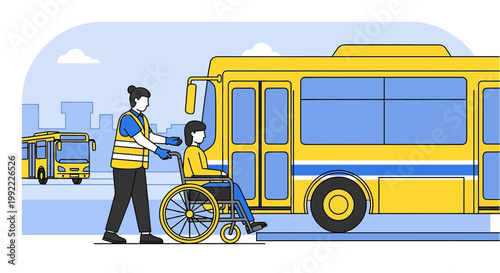 Wheelchair User Boarding Accessible Bus with Assistance, Public Transport Safety