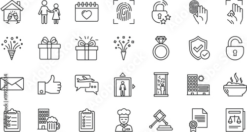 Set of modern thin line icons including family security gifts communication legal and business symbols collection