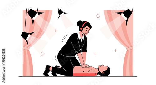 Woman Performing CPR on Man in Medical Emergency, First Aid Training Scene