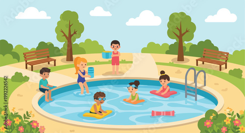 Cheerful children play in an outdoor circular swimming pool surrounded by a green park with trees, benches, and bright blooming flowers.
