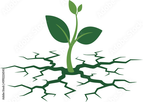 Green Plant Sprouting Growing Through Cracked Dry Earth Ground Resilience Vector Illustration Isolated White Background, Hope Growth Survival Environmental Concept