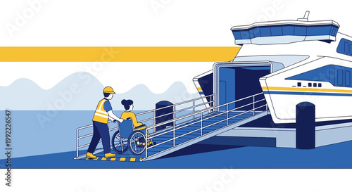Wheelchair User Boarding Ferry with Assistance Ramp and Staff