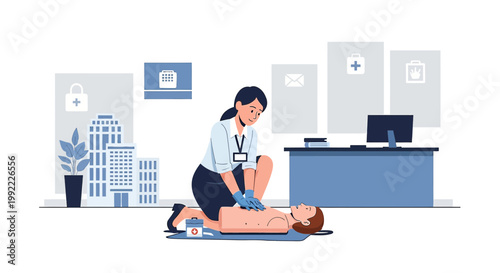 Woman performing CPR on man in office setting, medical emergency, first aid, life saving