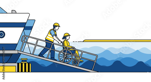 Wheelchair User Boarding Ship Via Ramp with Assistance