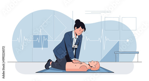 Woman performing CPR on man, medical emergency, life saving technique, healthcare concept