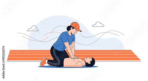 Woman performing CPR on man, emergency medical training, life saving technique