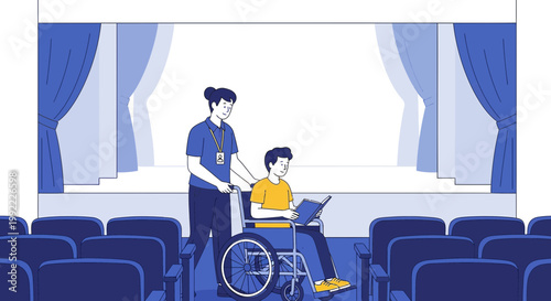 Wheelchair user in cinema with attendant, accessible entertainment concept