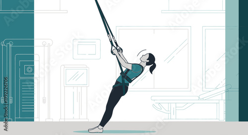 Woman performing suspension training exercise with TRX straps in a gym, fitness and workout concept