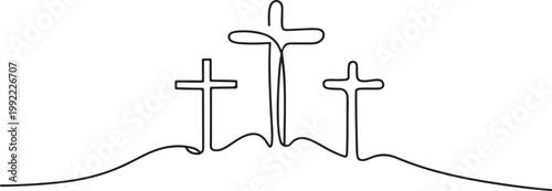 Three Christian crosses on a hill, symbolizing Golgotha, Easter, faith, and religion.one line drawing vector illustration