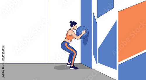 Woman Performing Wall Ball Squat Exercise with Medicine Ball