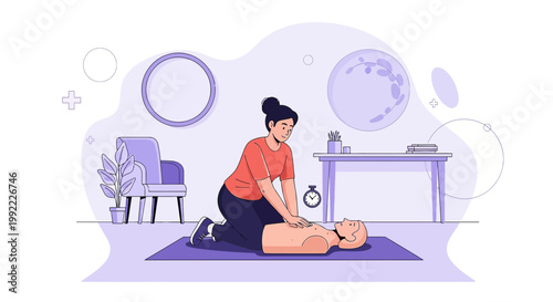 Woman performs CPR on dummy, medical training, emergency response, healthcare concept