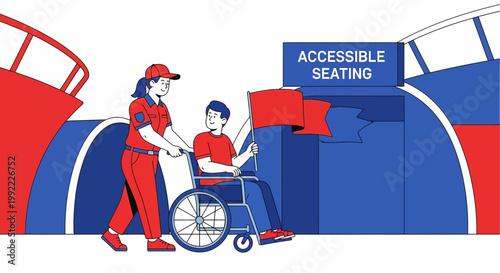 Wheelchair user with attendant at accessible seating area in stadium