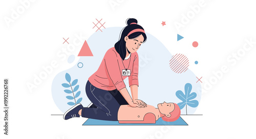 Woman performs CPR on man, medical emergency, life saving, first aid, healthcare concept