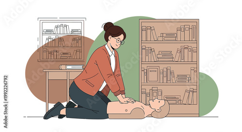 Woman performs CPR on person lying down, emergency medical training, classroom setting