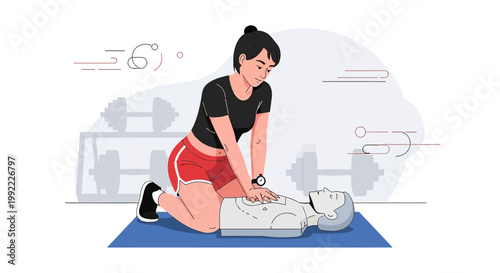 Woman practicing CPR on a dummy in a gym setting