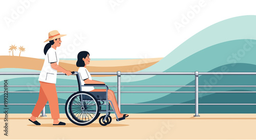 Woman Pushing Wheelchair User Along Beach Promenade with Ocean Waves