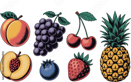 Fresh summer fruits and berries set on transparent background perfect for healthy eating concepts and vibrant designs. Vector Illustration
