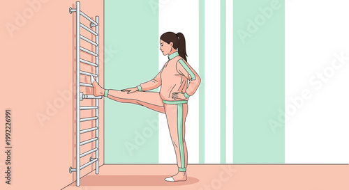 Woman stretching leg on wall bars, fitness and rehabilitation exercise